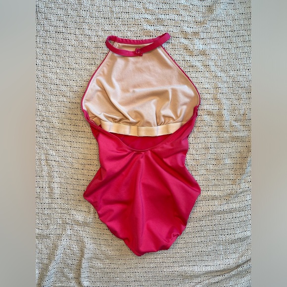 Hot Pink Halter Leo by Danskin, Adult Petite Dance Leotard w Bust Panel - Picture 2 of 8